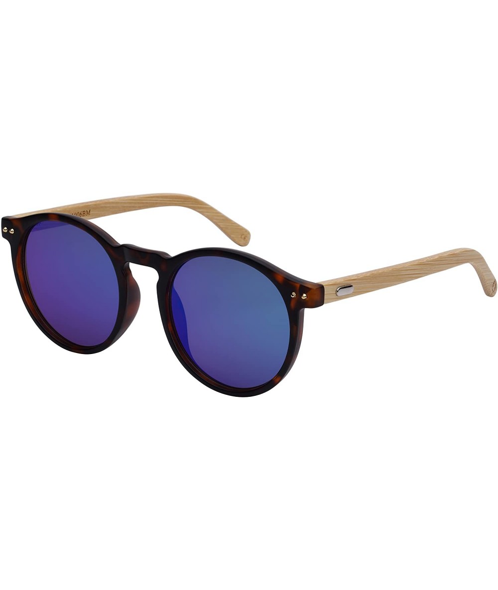 Round Round Horn Rimed Bamboo Sunglasses Wood Women Mirrored Lens 541006BM-FLREV - Matte Tortoise - CW18HEUGHXY $10.21