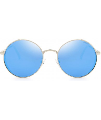 Round Steampunk Retro Polarized Sunglasses for Women Men Vintage Classic Designer Sun Glasses - Silver Frame Blue Lens - CN18...