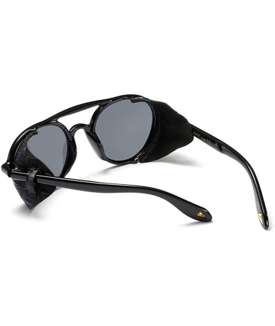 Round Men Sunglasses with Side Shields Leather Round Sun Glasses for Women Retro UV400 - Full Black - CC18Q28HDCL $10.15