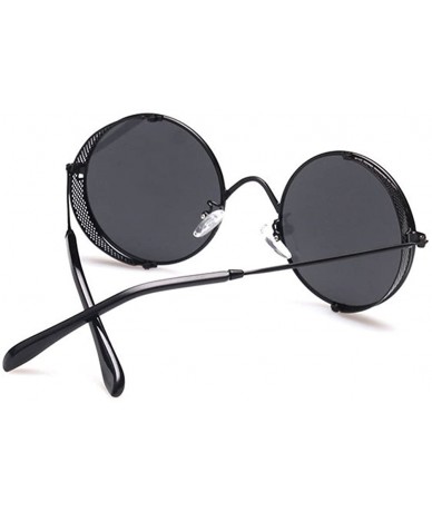 Rectangular Round Lens Sunglasses Metal Frame With Hollow Side Barrier Available - Black/Black - C11219BCKVR $19.63