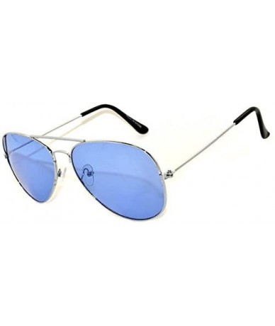 Aviator Classic Aviator Style Colored Lens Sunglasses Metal Frame - Silver Frame Blue Lens - CG11Q8WWPWR $8.77