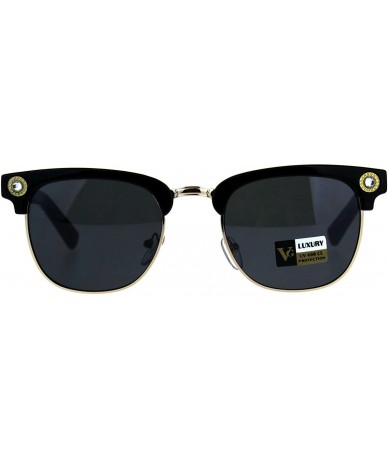 Rectangular Luxury Bling Rhinestone Half Horn Rim Rectangular Sunglasses - All Black - C518D0M3U8X $11.76