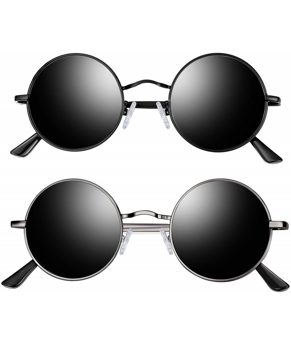 Round Lennon Round Sunglasses for Men Women - Small Circle Hippie Sunglasses Polarized - 2 Pack(black+grey) - CW18X6NSGKM $18.48