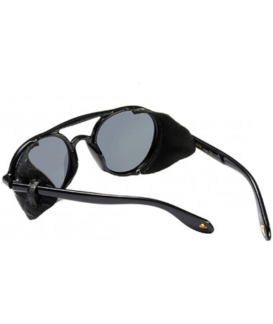 Round Women's Retro Classic Round Plastic Frame Sunglasses With Leather - Bright Black Gray - CM18W7ELH0S $11.94