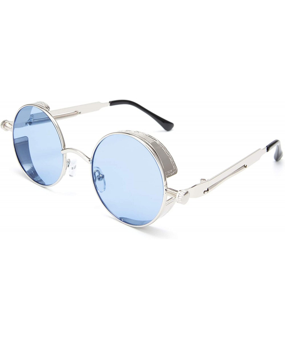 Round Retro Steampunk Retro Metal Round Frame Sunglasses - Ocean Blue Lens/Silver Frame - CT196SLNT95 $12.31