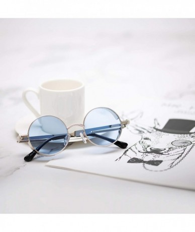 Round Retro Steampunk Retro Metal Round Frame Sunglasses - Ocean Blue Lens/Silver Frame - CT196SLNT95 $12.31