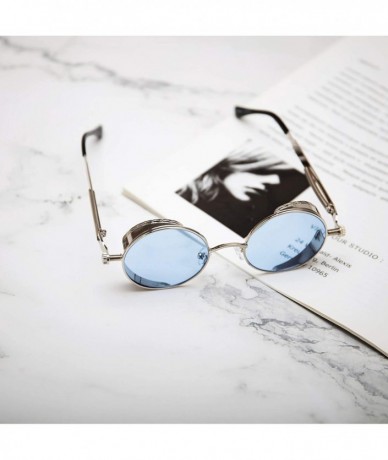 Round Retro Steampunk Retro Metal Round Frame Sunglasses - Ocean Blue Lens/Silver Frame - CT196SLNT95 $12.31