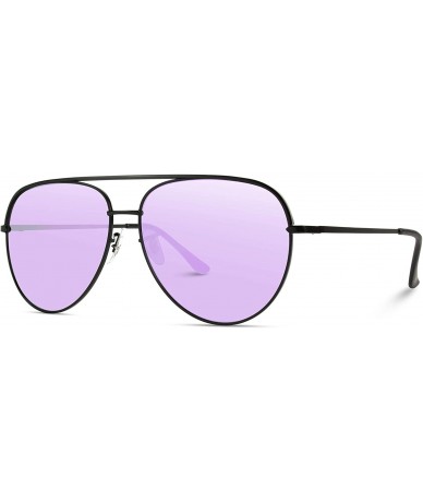 Round Oversized Flat Lens Fashion Designer Inspired Aviator Sunglasses - Black Frame / Mirror Purple - CV184XM7QOI $18.21