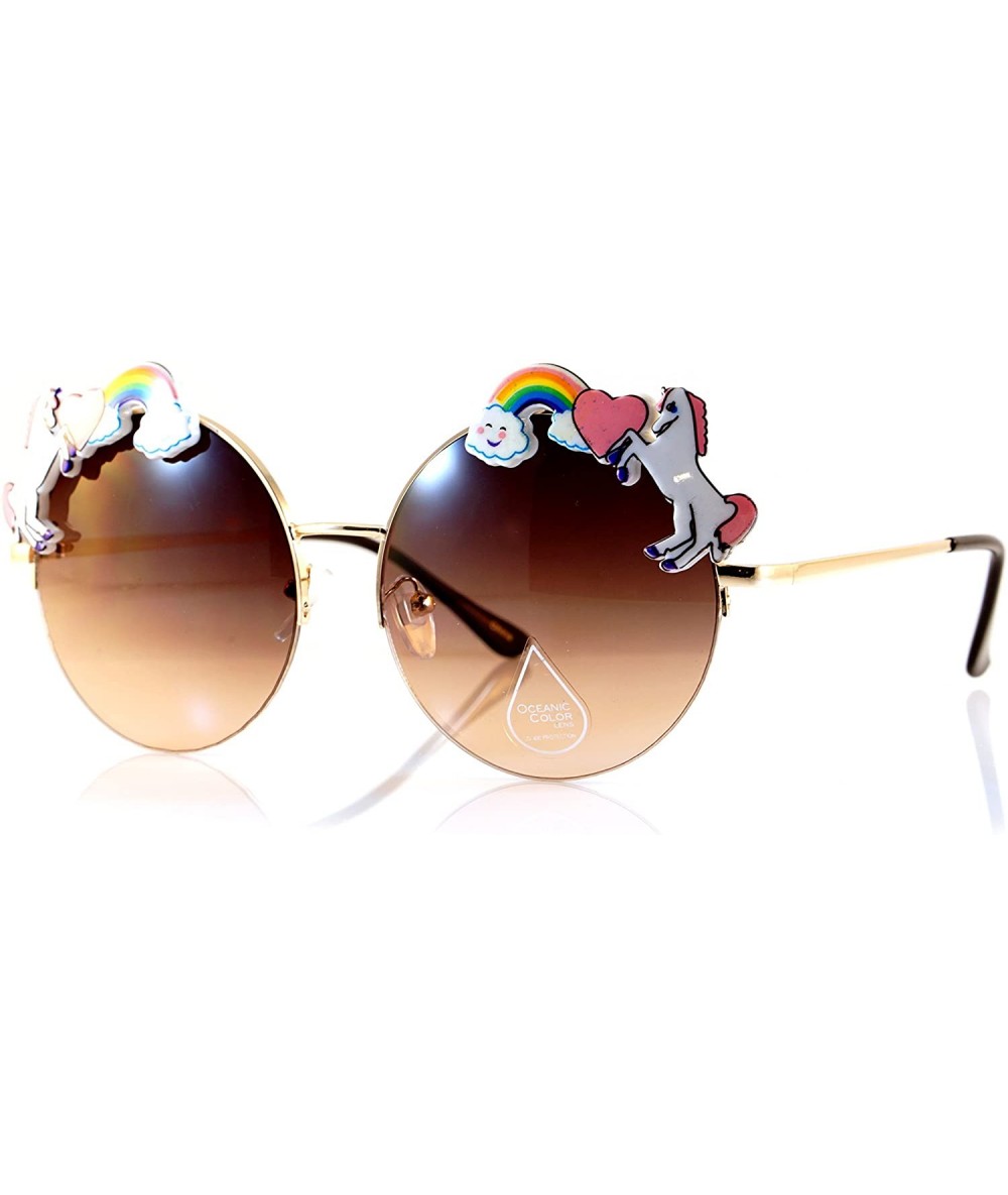 Semi-rimless Rainbow Heart Unicorn Top Gradient Ocean Color Round Sunglasses A110 - (Gold) Brown - CT180RWALHI $14.59