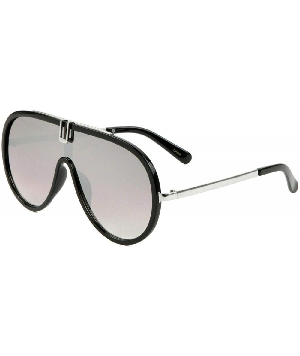 Aviator Luxury One Piece Flat Lens Shield Aviator Sunglasses - Black & Silver Frame - CN18WLG8AHT $11.16