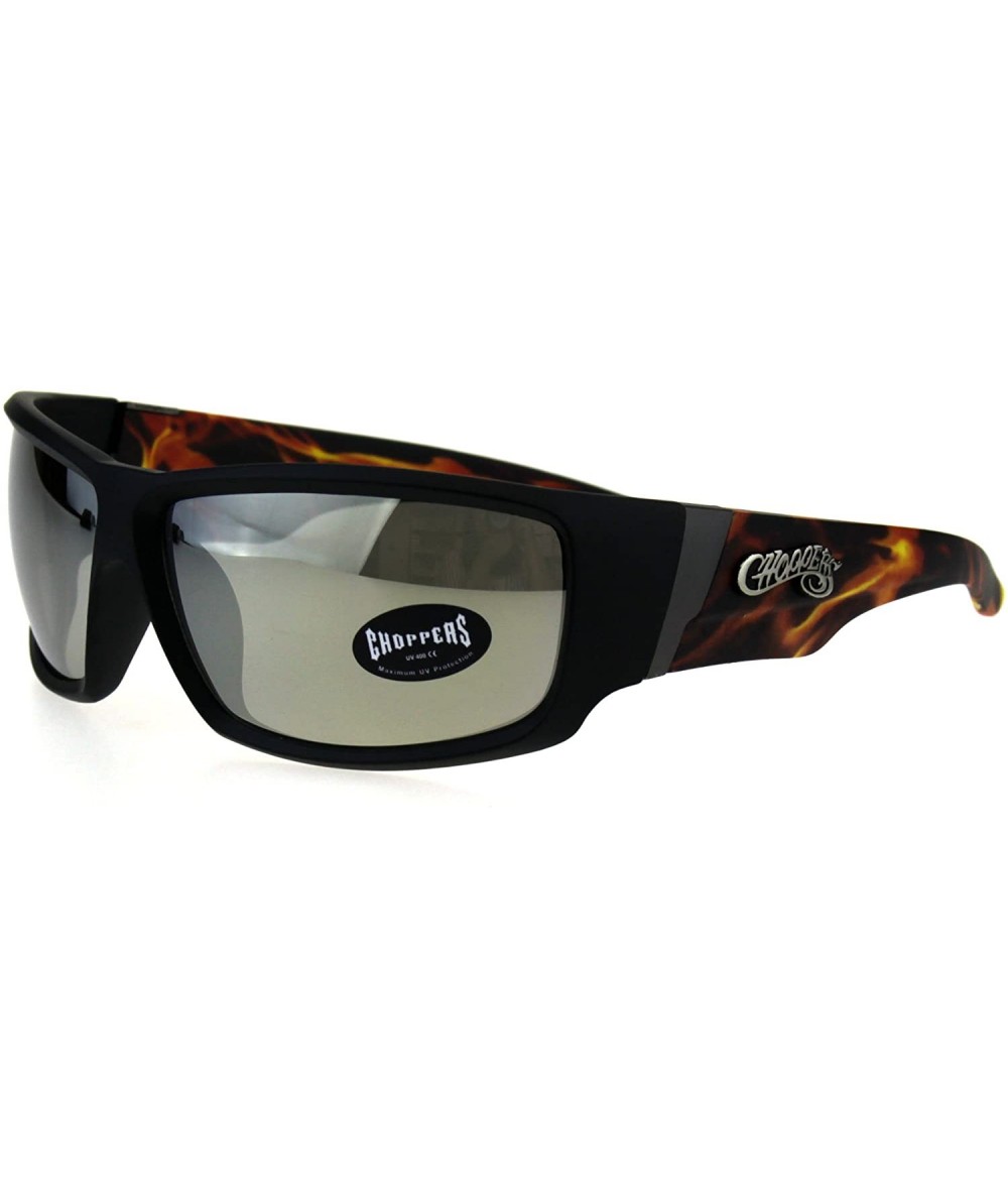 Rectangular Rectangular Biker Warp Around Flaming Arm Riding Sunglasses - Black Orange Silver Mirror - CU18GU2NUEM $11.87