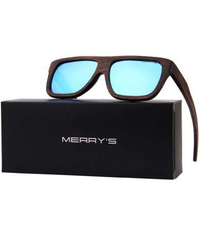 Rectangular Men Wooden Polarized Sunglasses 100% UV Protection vintage Eyewear S5066 - Blue Mirror - CF18QCOMWD0 $26.38