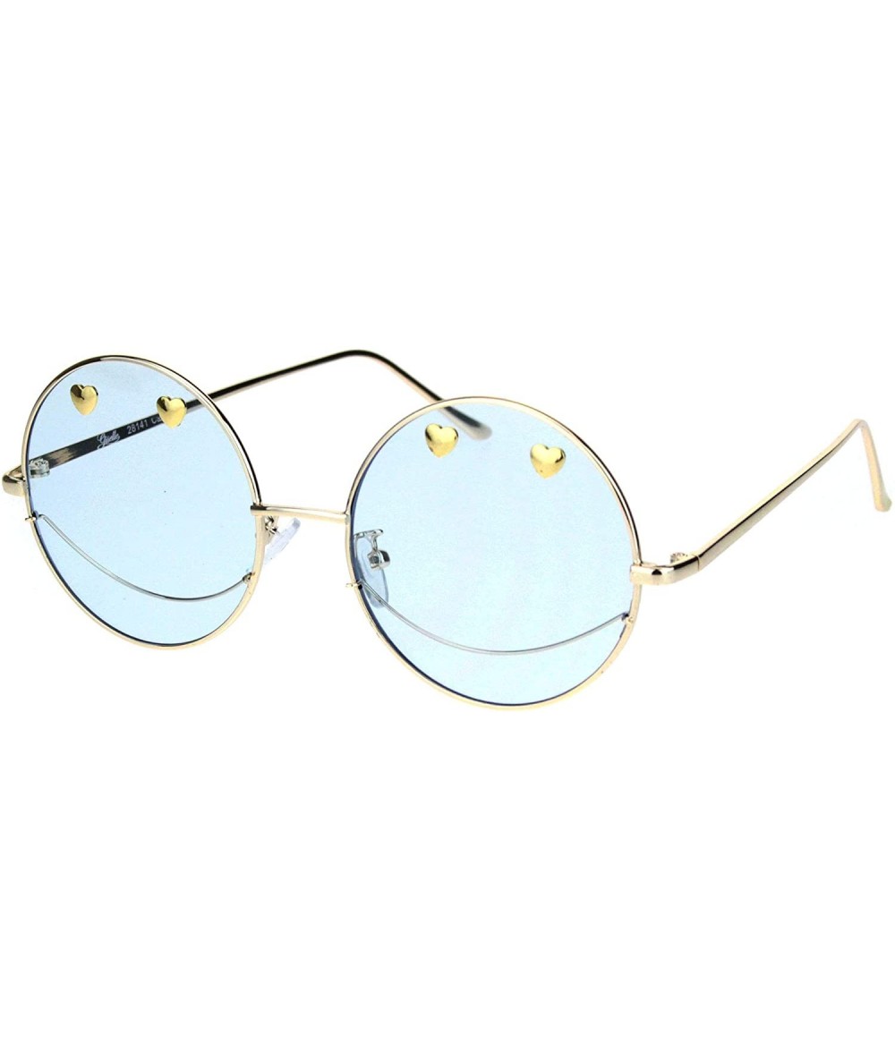 Round Womens Retro Heart Stud Smiley Face Hippie Metal Rim Sunglasses - Gold Blue - CN18K757KHW $10.85