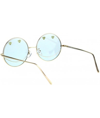 Round Womens Retro Heart Stud Smiley Face Hippie Metal Rim Sunglasses - Gold Blue - CN18K757KHW $10.85