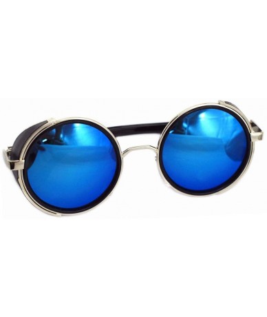 Sport Mirror lens Round Glasses Cyber Goggles Steampunk Sunglasses Vintage Retro(Silver Frame Green Blue Mirror Lens) - CP12M...