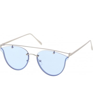 Round Modern Crossbar Horn Rimmed Round Flat Lens Rimless Sunglasses 52mm - Silver / Dark Blue - CQ182OHTY6K $8.36