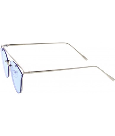 Round Modern Crossbar Horn Rimmed Round Flat Lens Rimless Sunglasses 52mm - Silver / Dark Blue - CQ182OHTY6K $8.36