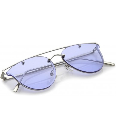 Round Modern Crossbar Horn Rimmed Round Flat Lens Rimless Sunglasses 52mm - Silver / Dark Blue - CQ182OHTY6K $8.36