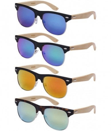 Rimless Bamboo Half Frame Mirrored Sunglasses 540908BM-REV - Matte Black/Blue - CC124UIFM3T $14.12